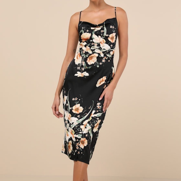 Lulus Dresses & Skirts - Lulus Sunny Blossom Black Floral Print Satin Cowl Neck Midi Dress - Size M